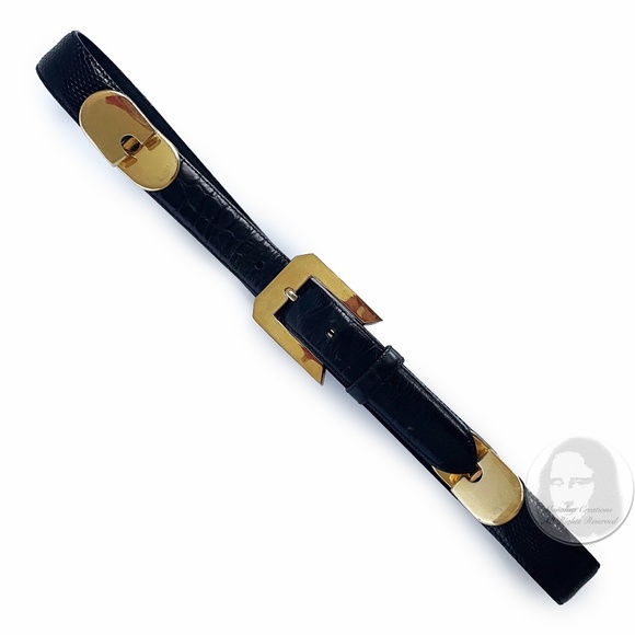 Cale Genuine Lizard Belt Black Gold Croc Stamp Leather Size 28 Vintage - Picture 1 of 9